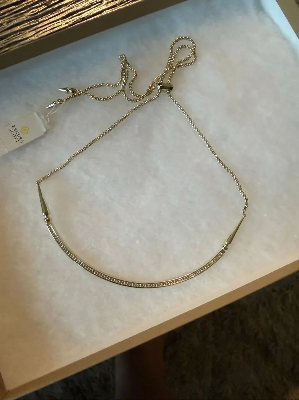 Kendra Scott Scottie Gold Tone Bar Pendant w/ Pave Crystals Necklace NWT